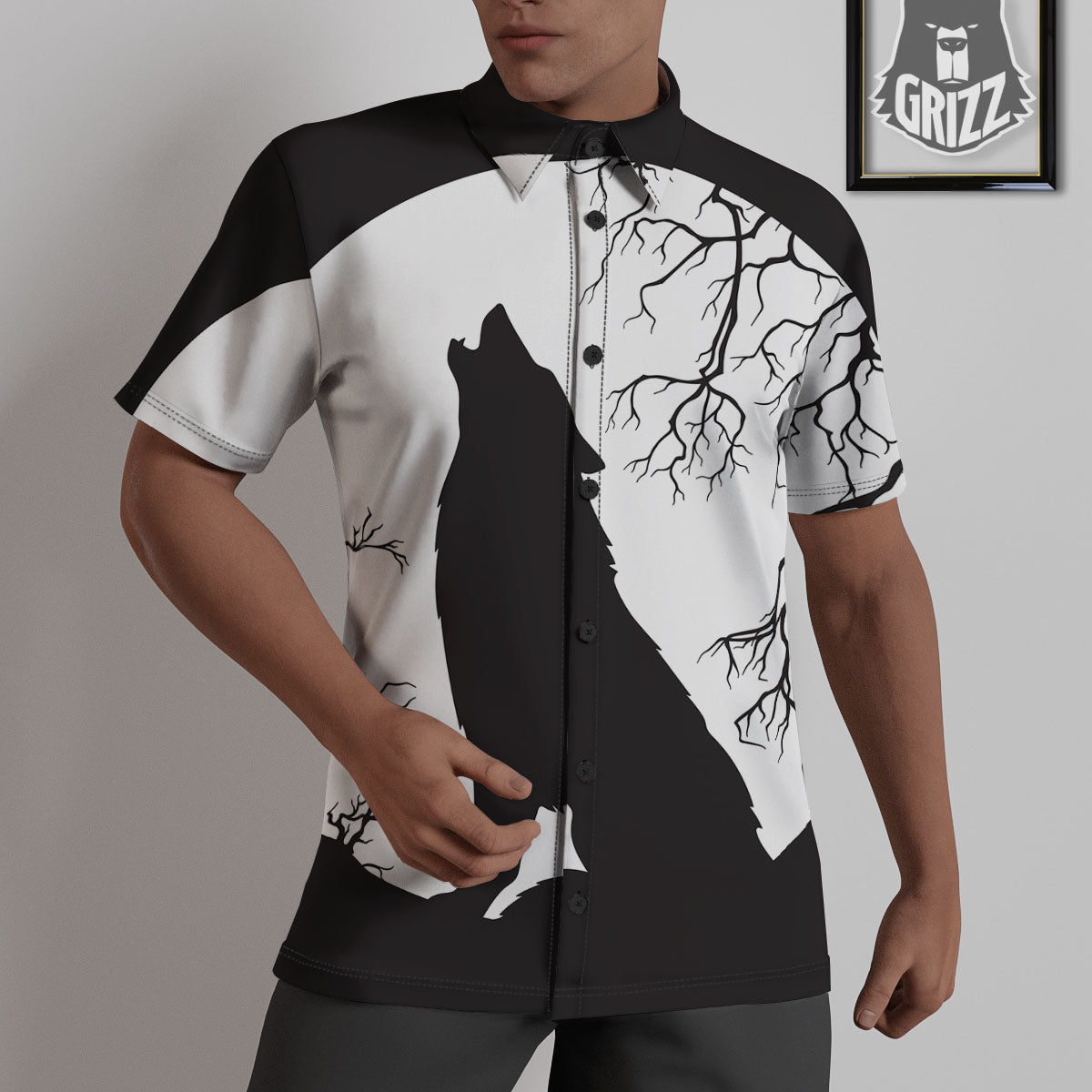 Wolf Spirit And Moon Print Untucked Shirts-grizzshop