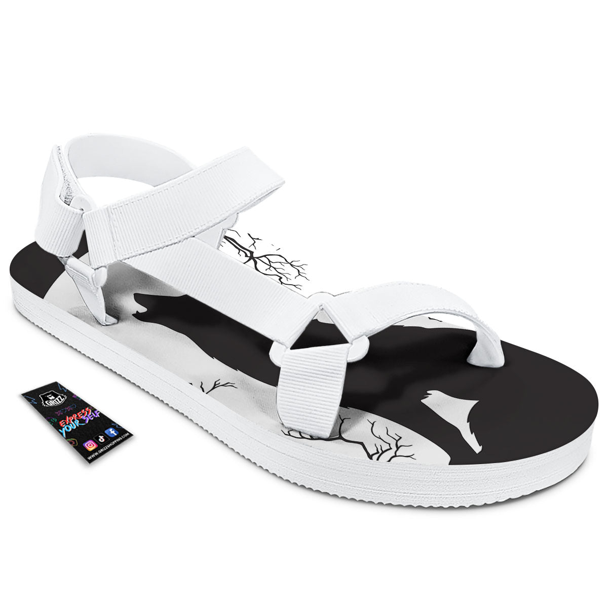 Wolf Spirit And Moon Print White Open Toe Sandals-grizzshop
