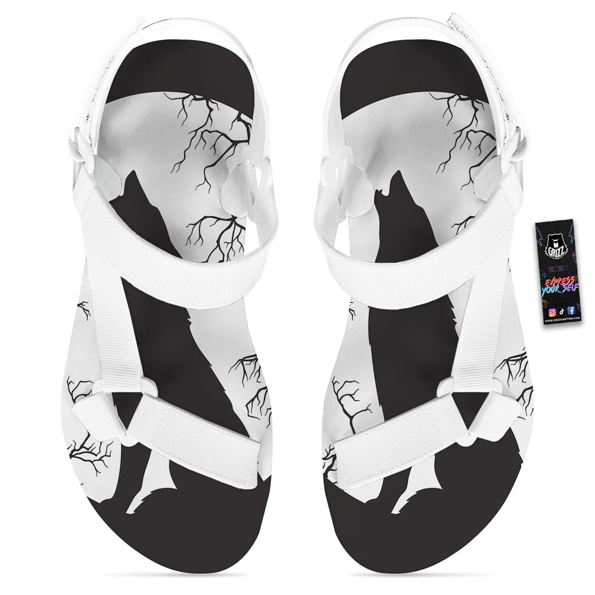 Wolf Spirit And Moon Print White Open Toe Sandals-grizzshop