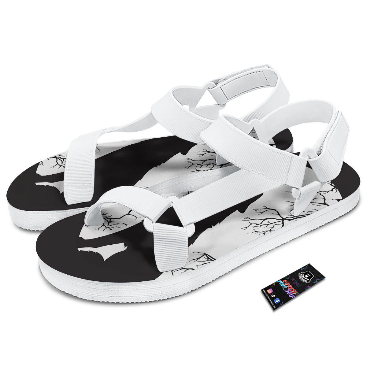 Wolf Spirit And Moon Print White Open Toe Sandals-grizzshop