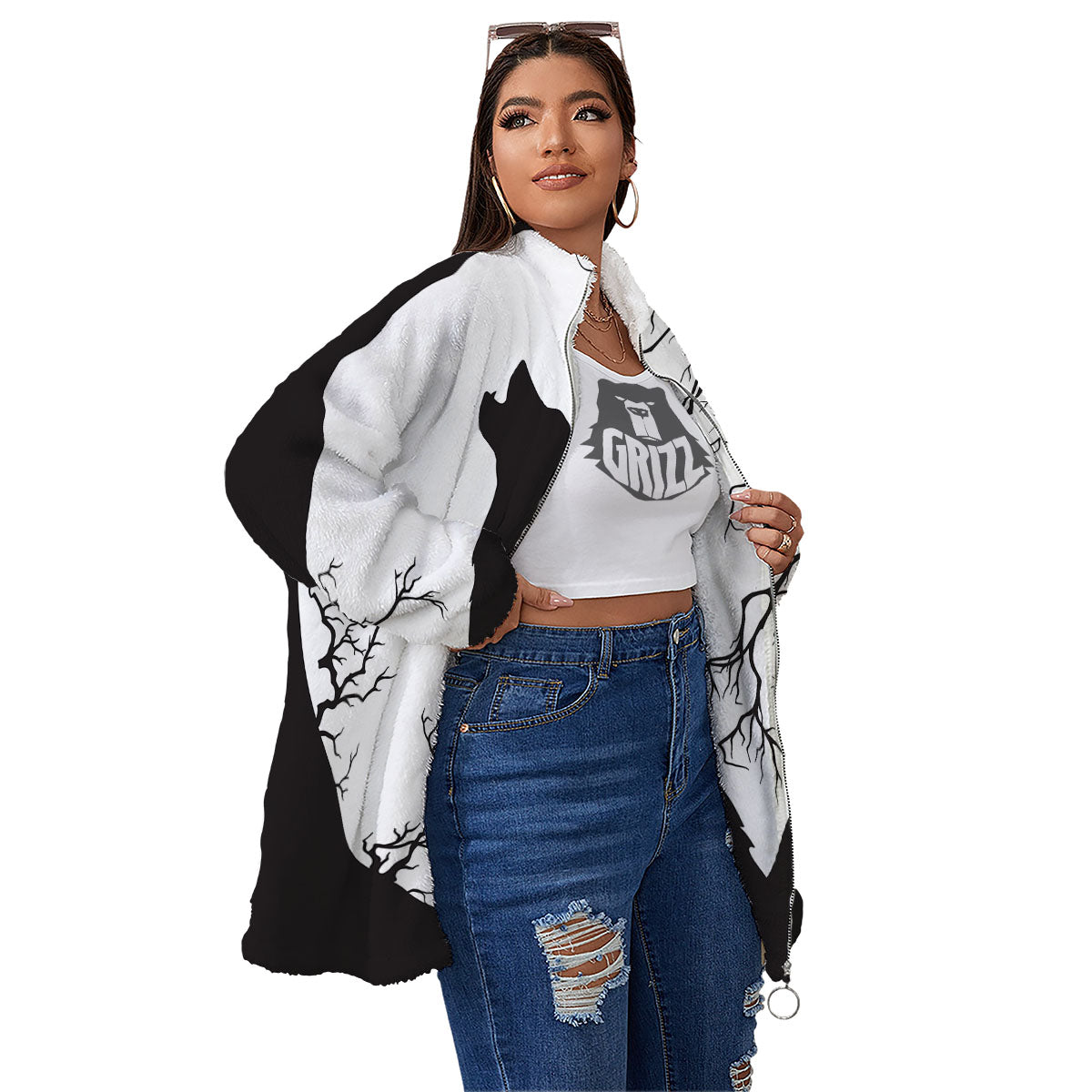 Wolf Spirit And Moon Print Women's Sherpa Jacket-grizzshop