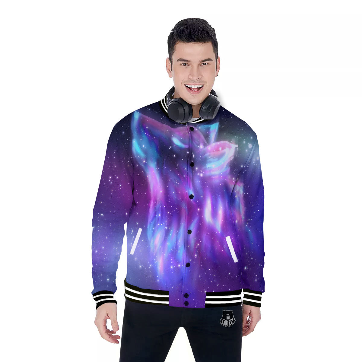 Wolf Spirit Aurora Howling Print Baseball Jacket-grizzshop