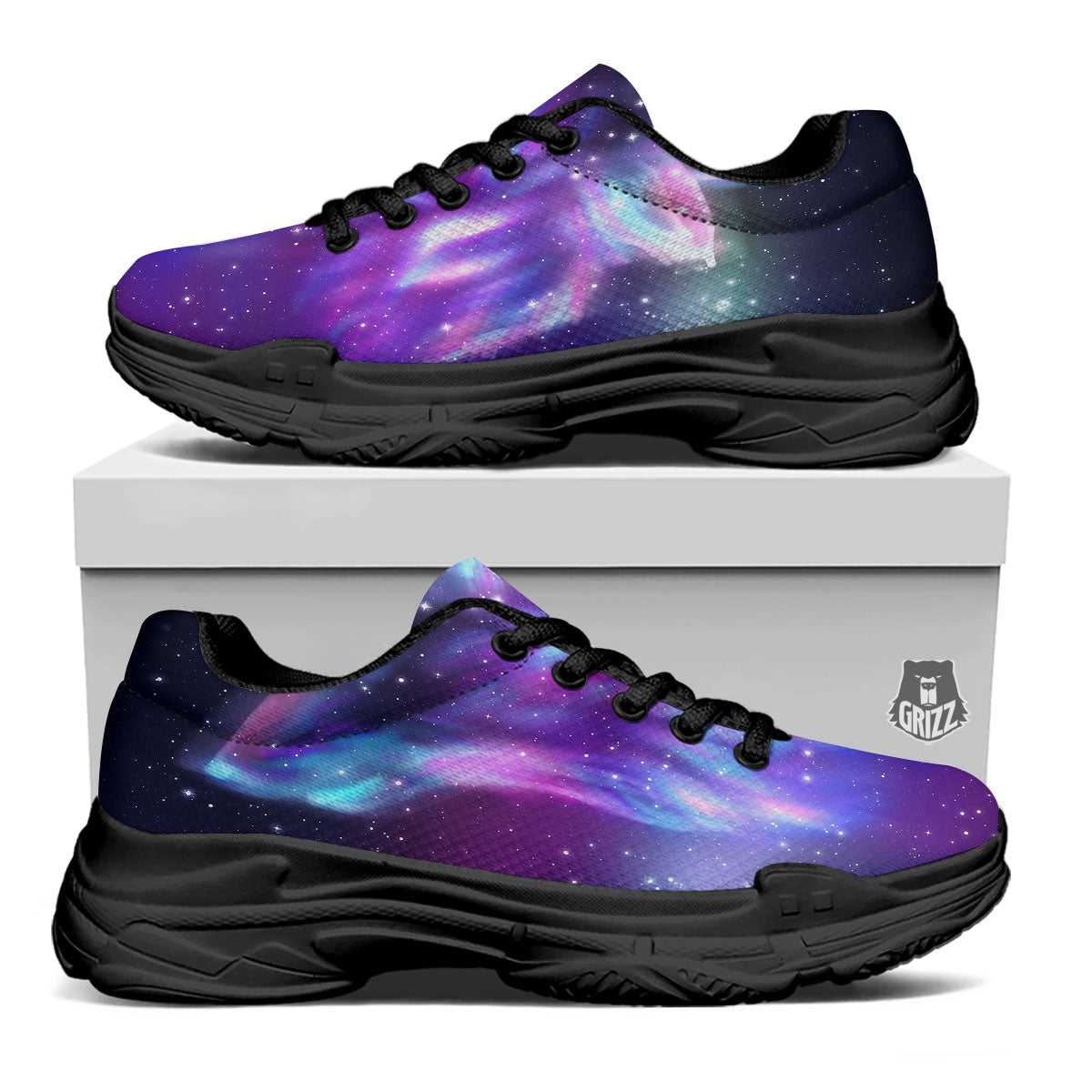 Wolf Spirit Aurora Howling Print Black Chunky Shoes-grizzshop