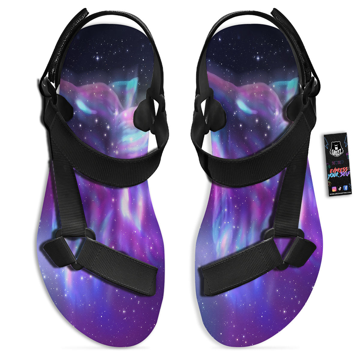 Wolf Spirit Aurora Howling Print Black Open Toe Sandals-grizzshop