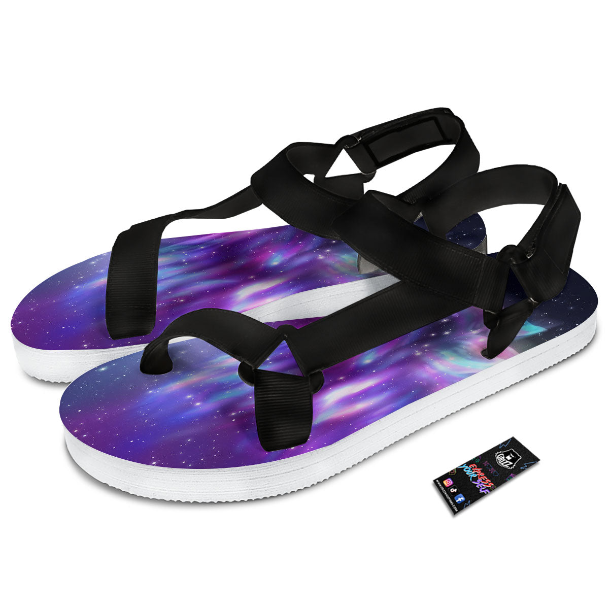 Wolf Spirit Aurora Howling Print Black Open Toe Sandals-grizzshop