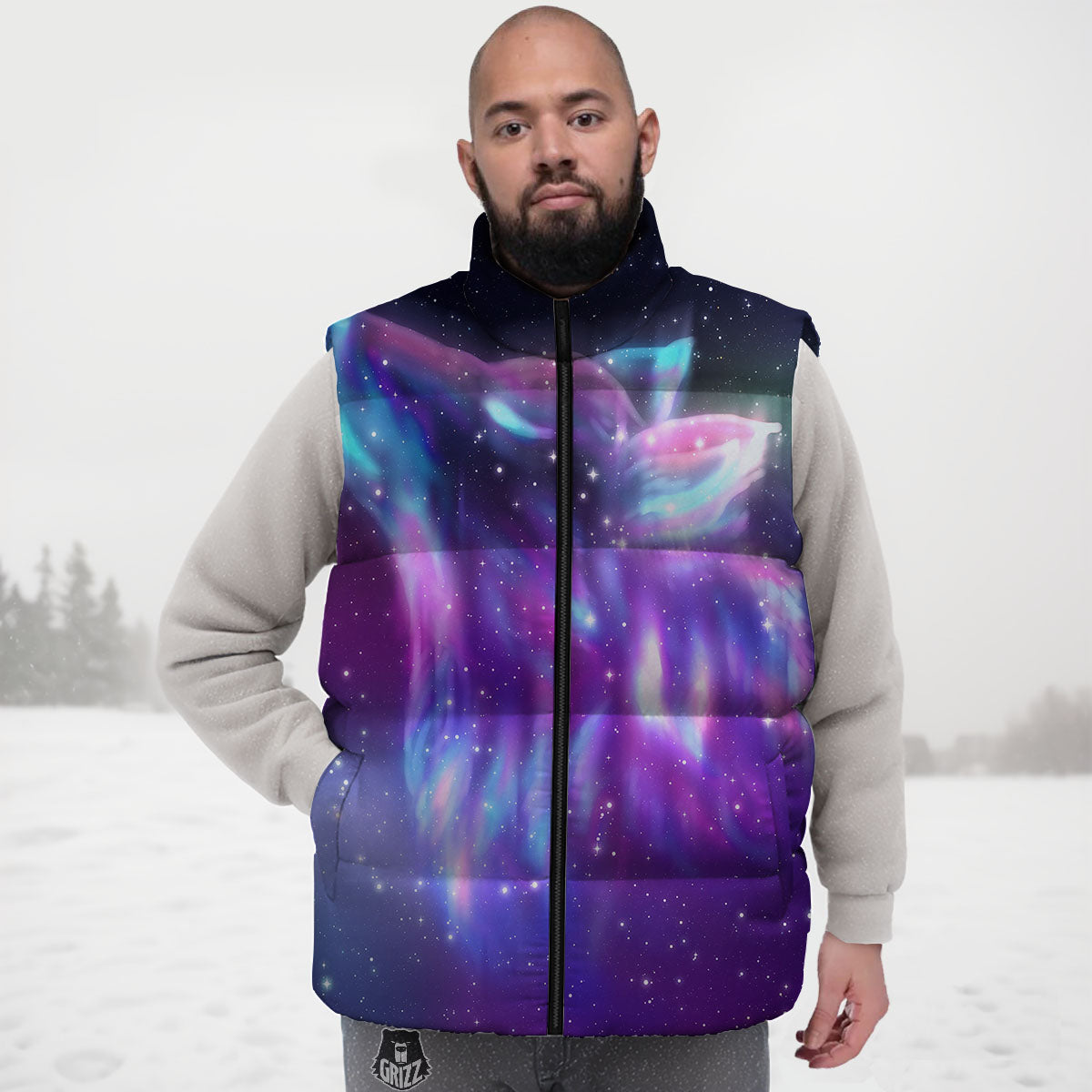 Wolf Spirit Aurora Howling Print Down Vest
