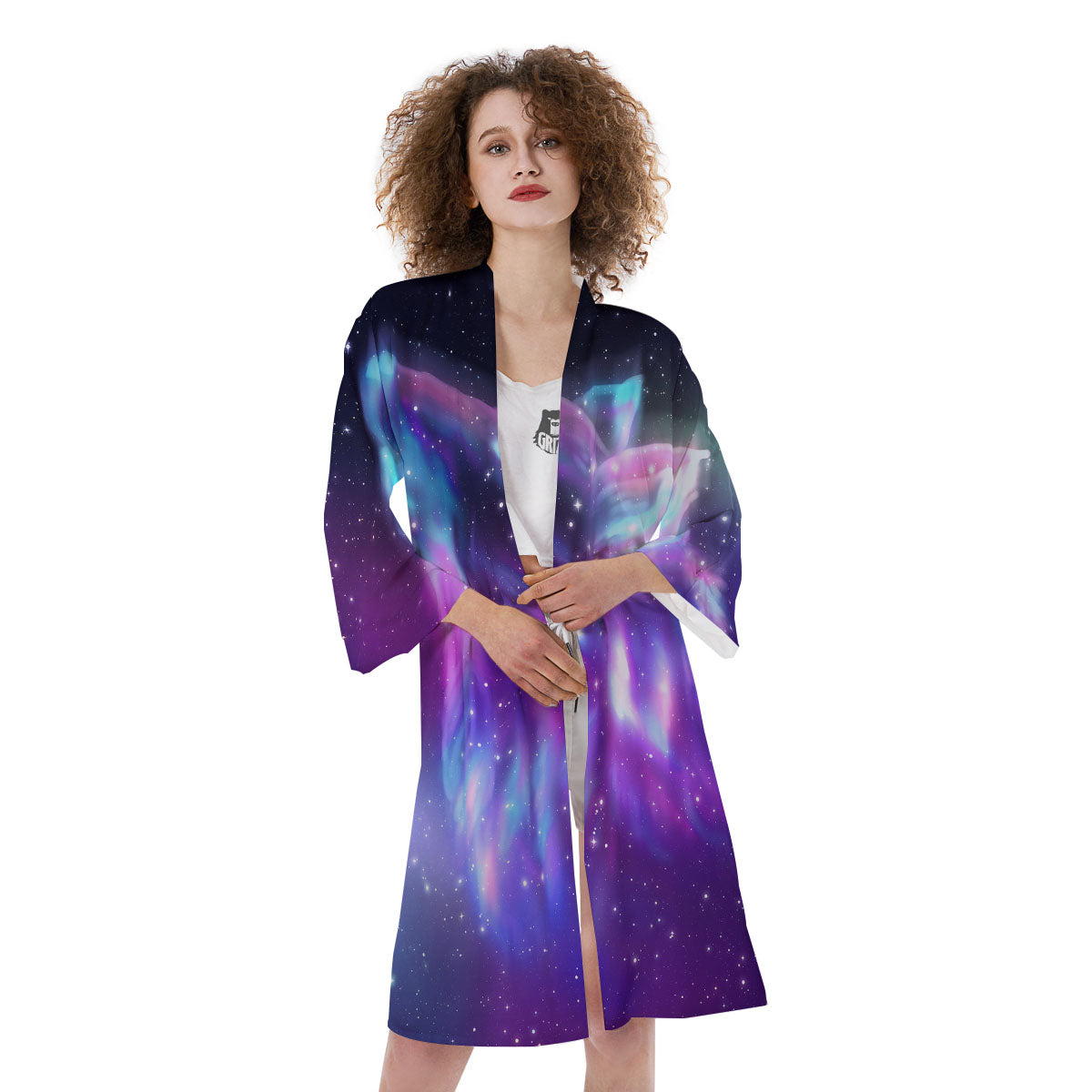 Wolf Spirit Aurora Howling Print Kimono-grizzshop