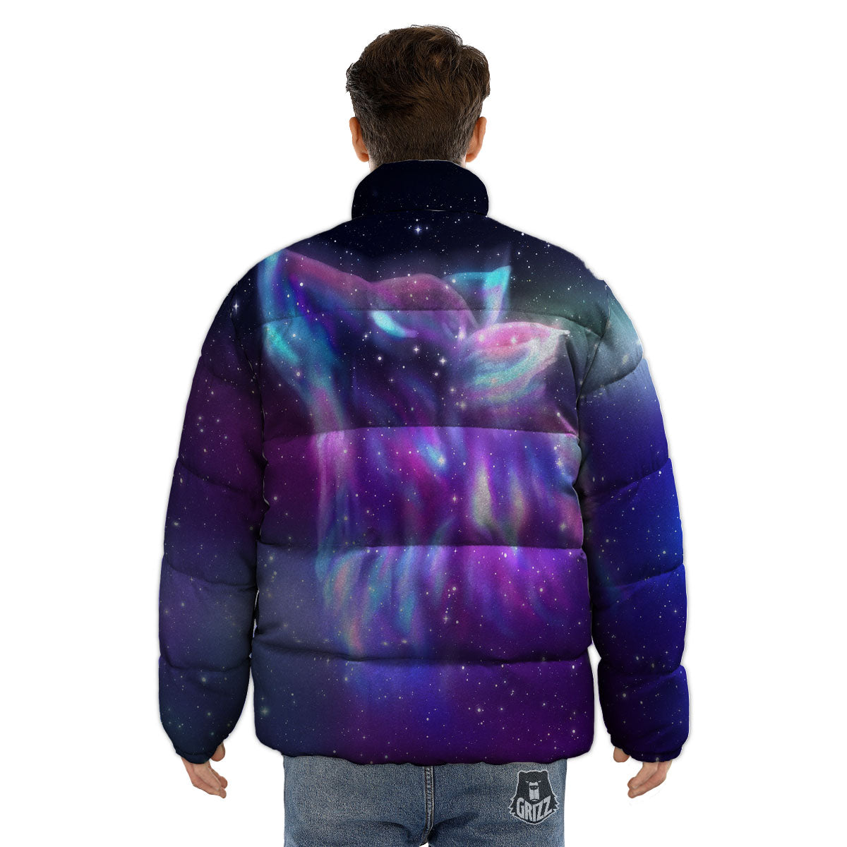 Wolf Spirit Aurora Howling Print Puffer Jacket-grizzshop