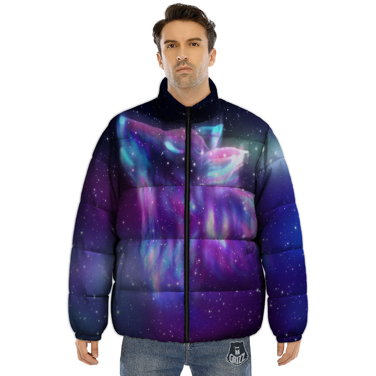 Wolf Spirit Aurora Howling Print Puffer Jacket-grizzshop