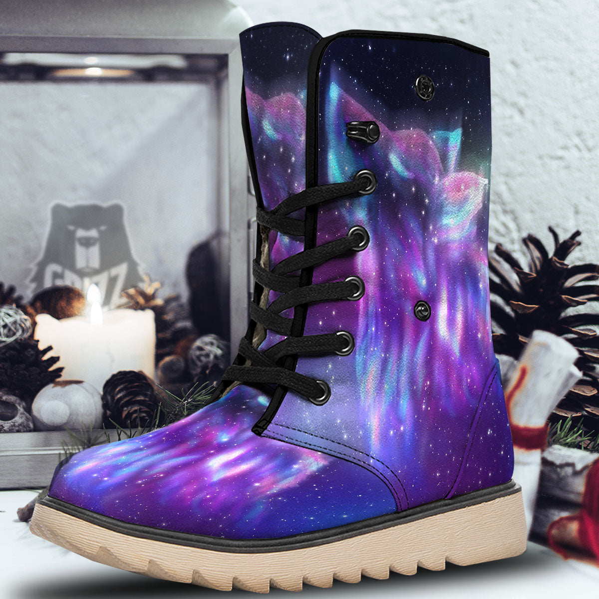 Wolf Spirit Aurora Howling Print Snow Boots-grizzshop