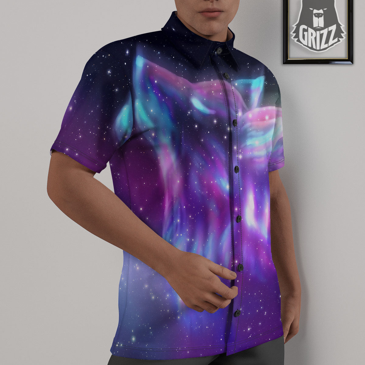 Wolf Spirit Aurora Howling Print Untucked Shirts-grizzshop