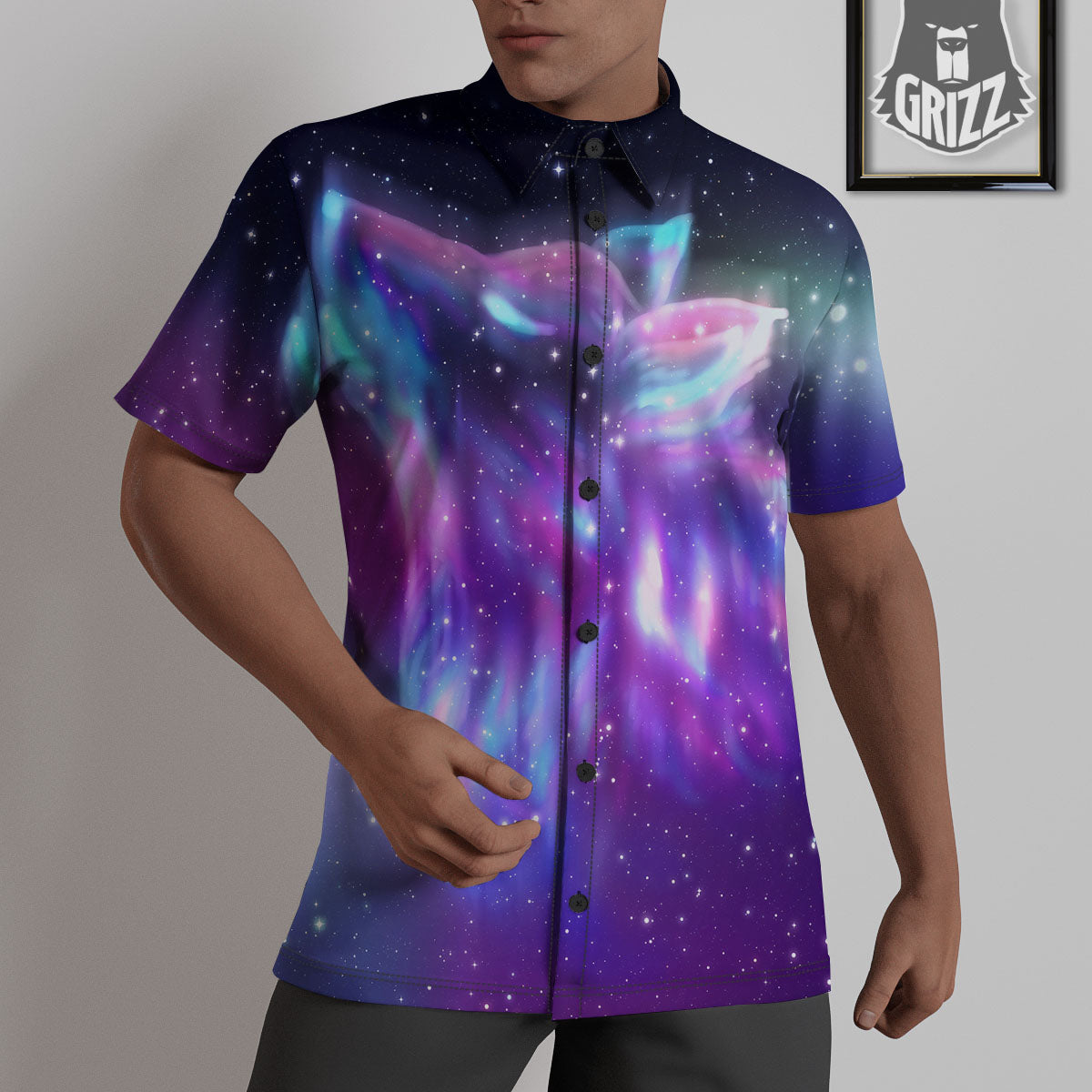 Wolf Spirit Aurora Howling Print Untucked Shirts-grizzshop