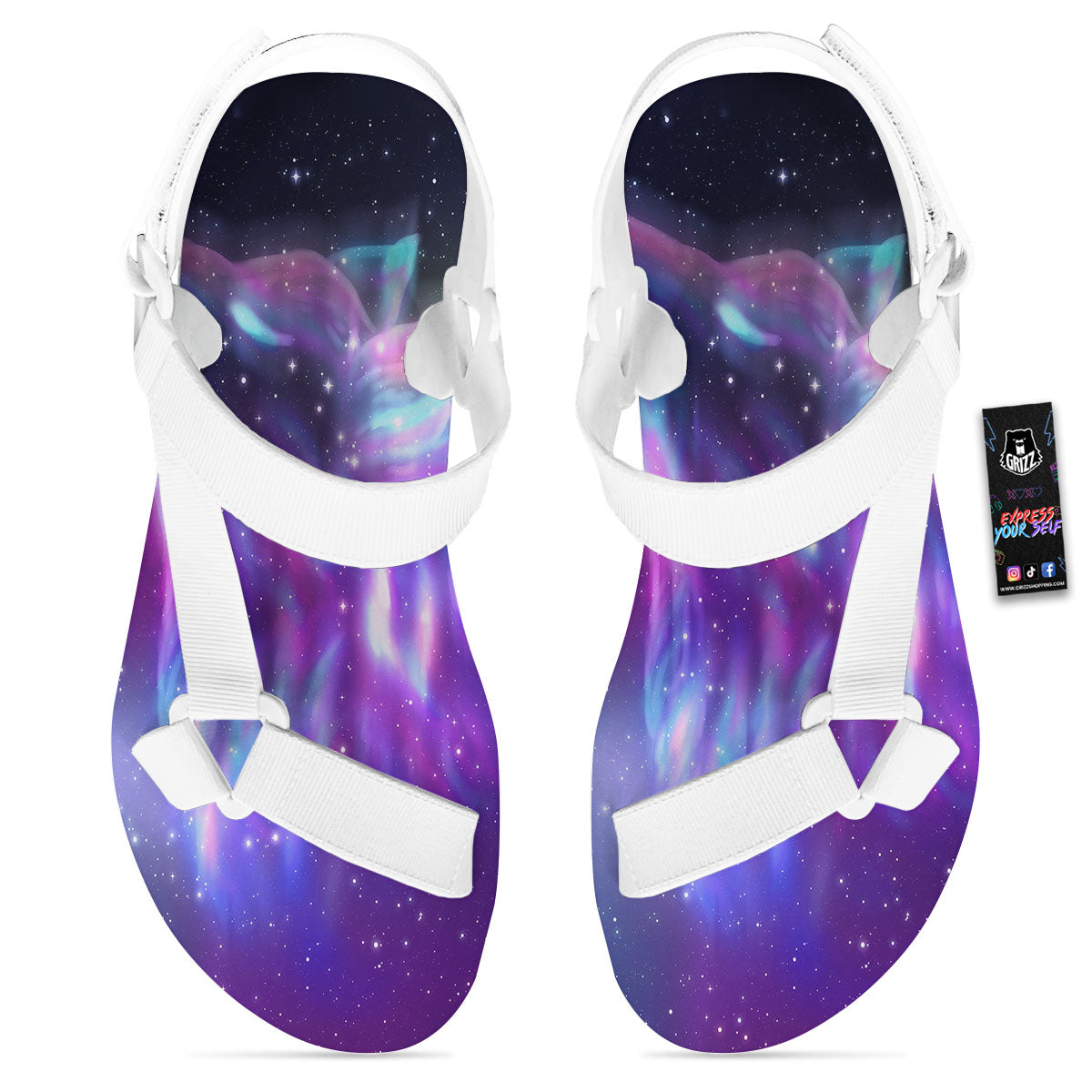 Wolf Spirit Aurora Howling Print White Open Toe Sandals-grizzshop