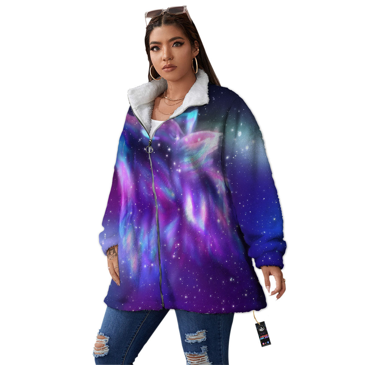 Wolf Spirit Aurora Howling Print Women's Sherpa Jacket-grizzshop