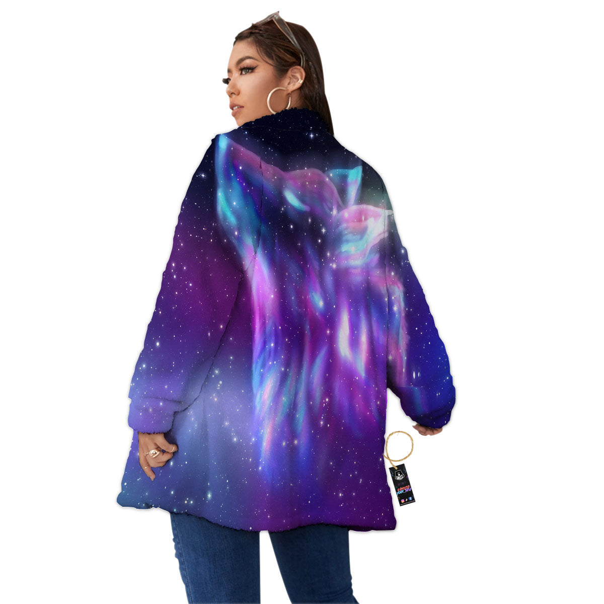 Wolf Spirit Aurora Howling Print Women's Sherpa Jacket-grizzshop