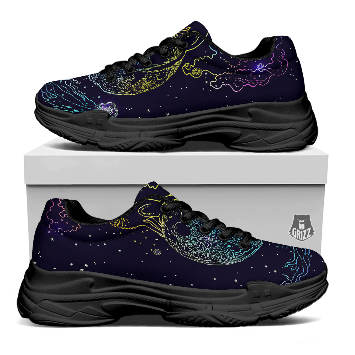 Wolf Spirit Galaxy Howling Print Black Chunky Shoes-grizzshop
