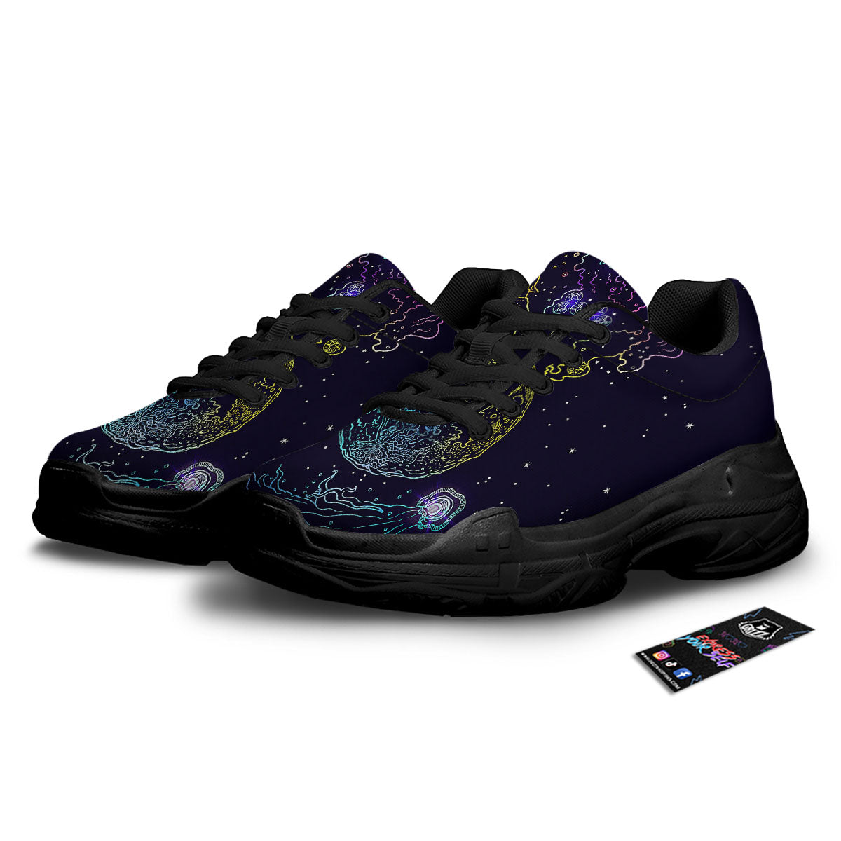 Wolf Spirit Galaxy Howling Print Black Chunky Shoes-grizzshop