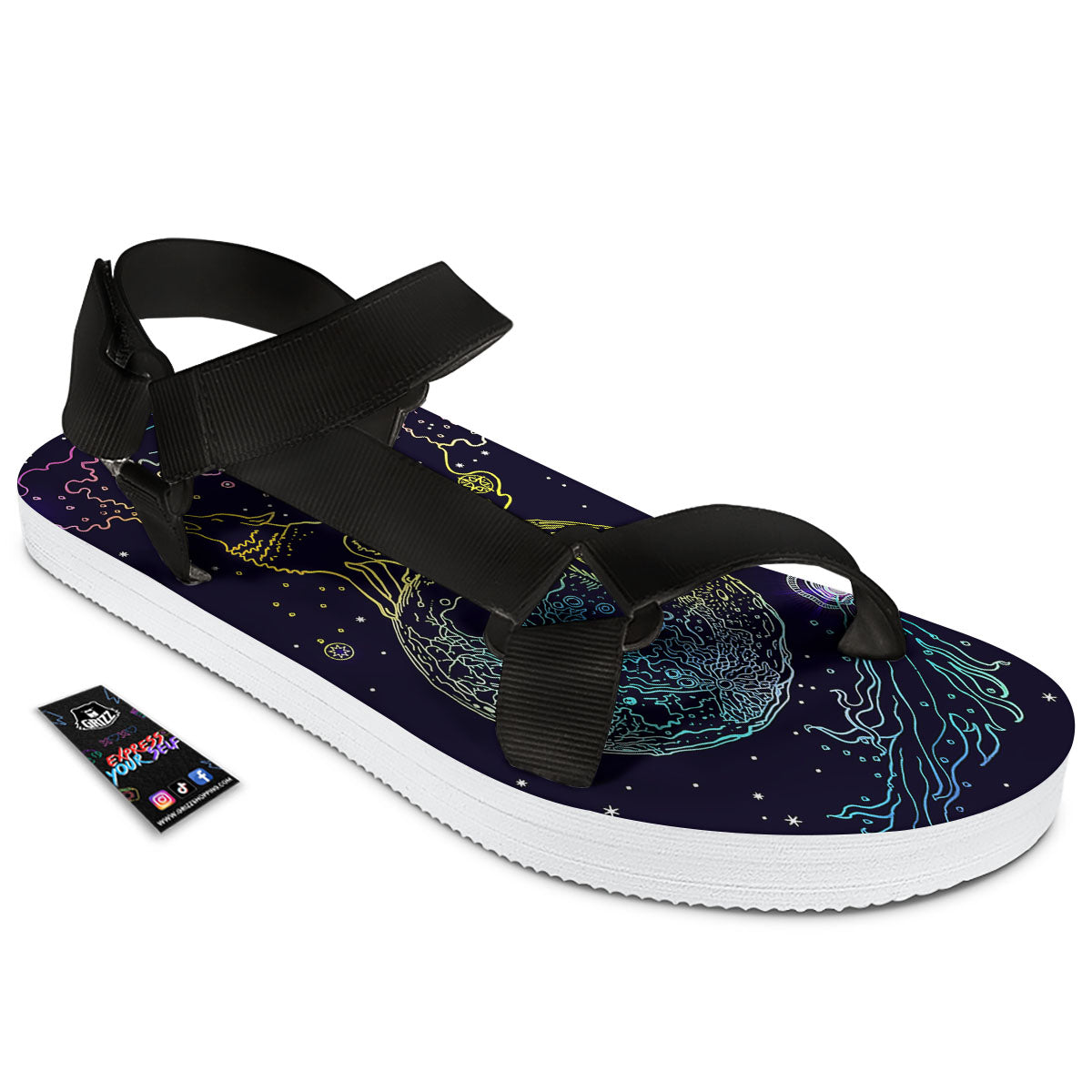 Wolf Spirit Galaxy Howling Print Black Open Toe Sandals-grizzshop
