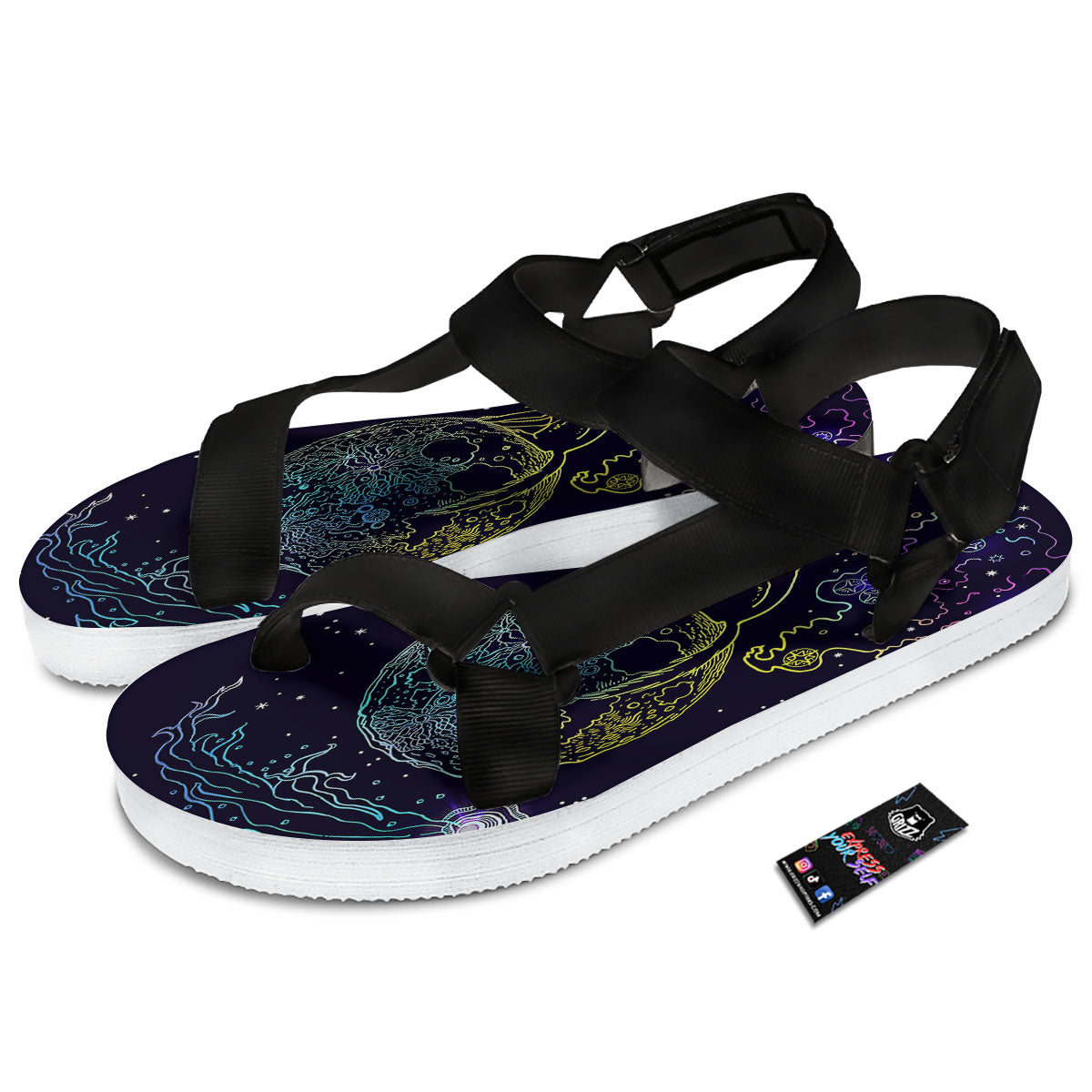 Wolf Spirit Galaxy Howling Print Black Open Toe Sandals-grizzshop