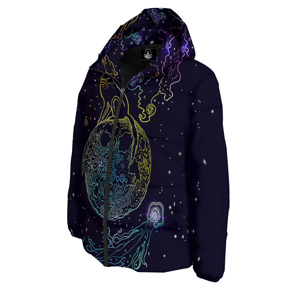 Wolf Spirit Galaxy Howling Print Down Jacket-grizzshop