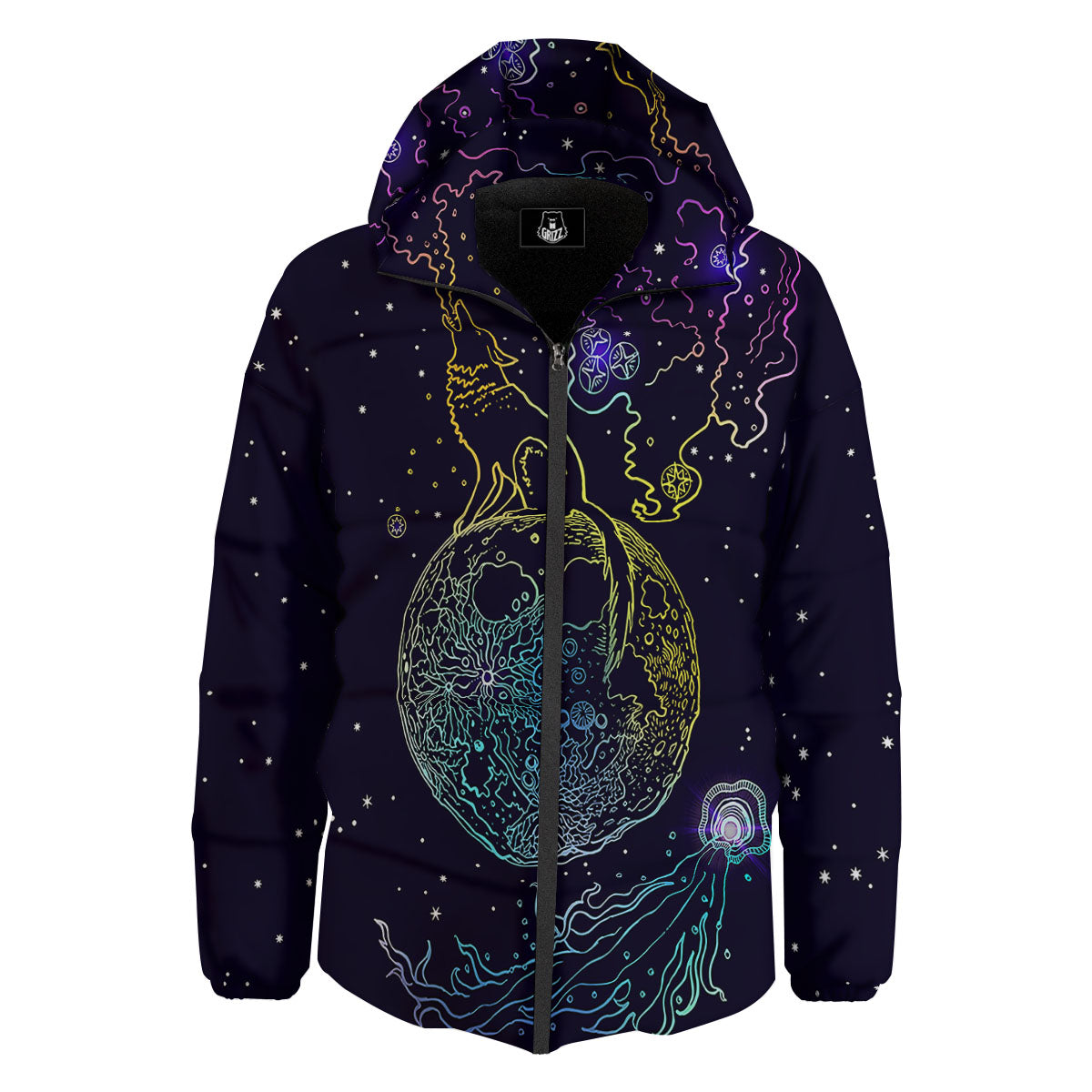 Wolf Spirit Galaxy Howling Print Down Jacket-grizzshop