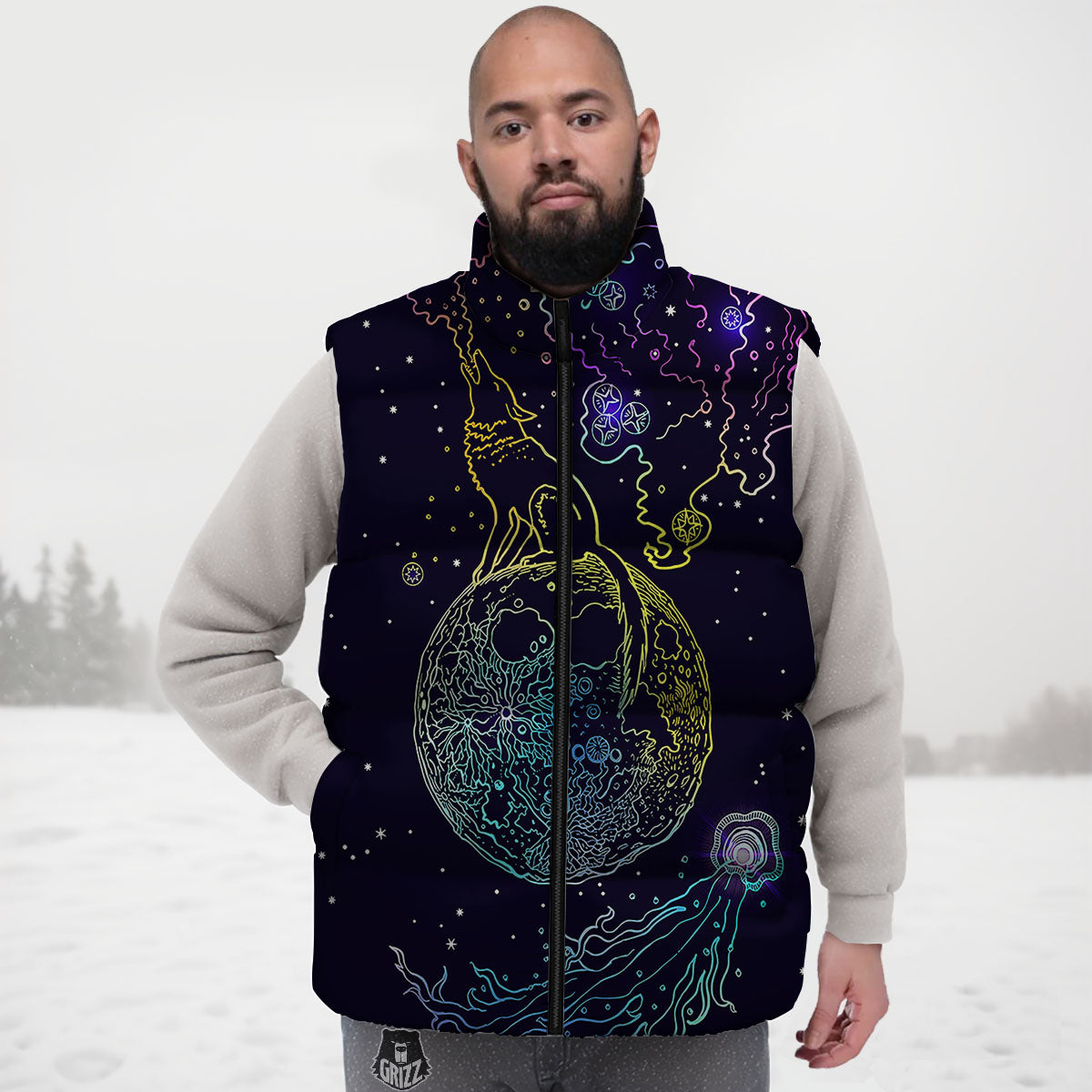 Wolf Spirit Galaxy Howling Print Down Vest