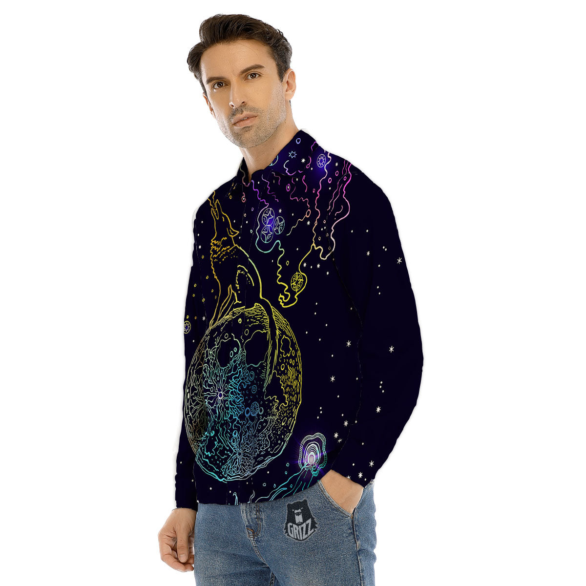 Wolf Spirit Galaxy Howling Print Men's Dress Shirts-grizzshop