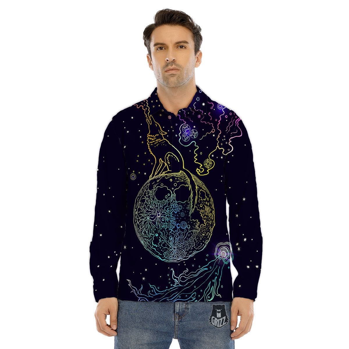 Wolf Spirit Galaxy Howling Print Men's Dress Shirts-grizzshop