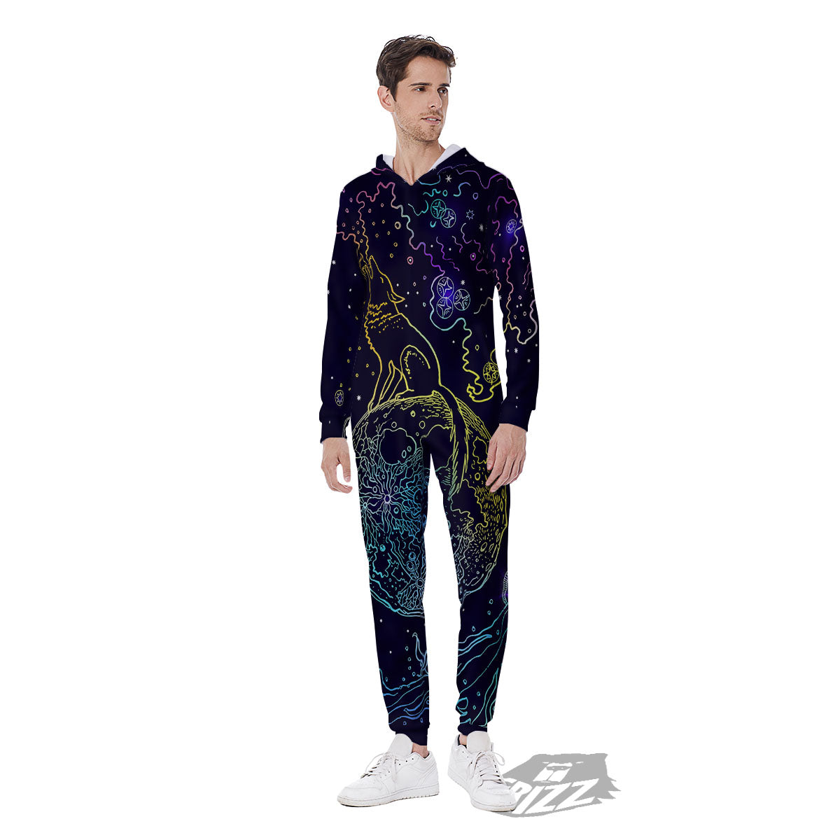 Wolf Spirit Galaxy Howling Print Men's Jumpsuit-grizzshop