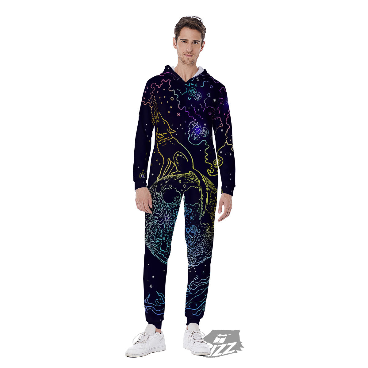 Wolf Spirit Galaxy Howling Print Men's Jumpsuit-grizzshop
