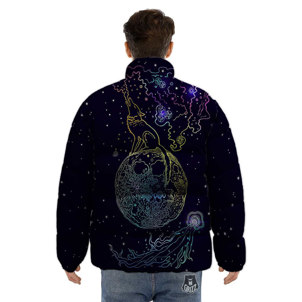 Wolf Spirit Galaxy Howling Print Puffer Jacket-grizzshop