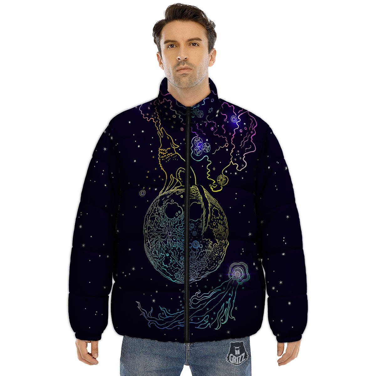 Wolf Spirit Galaxy Howling Print Puffer Jacket-grizzshop