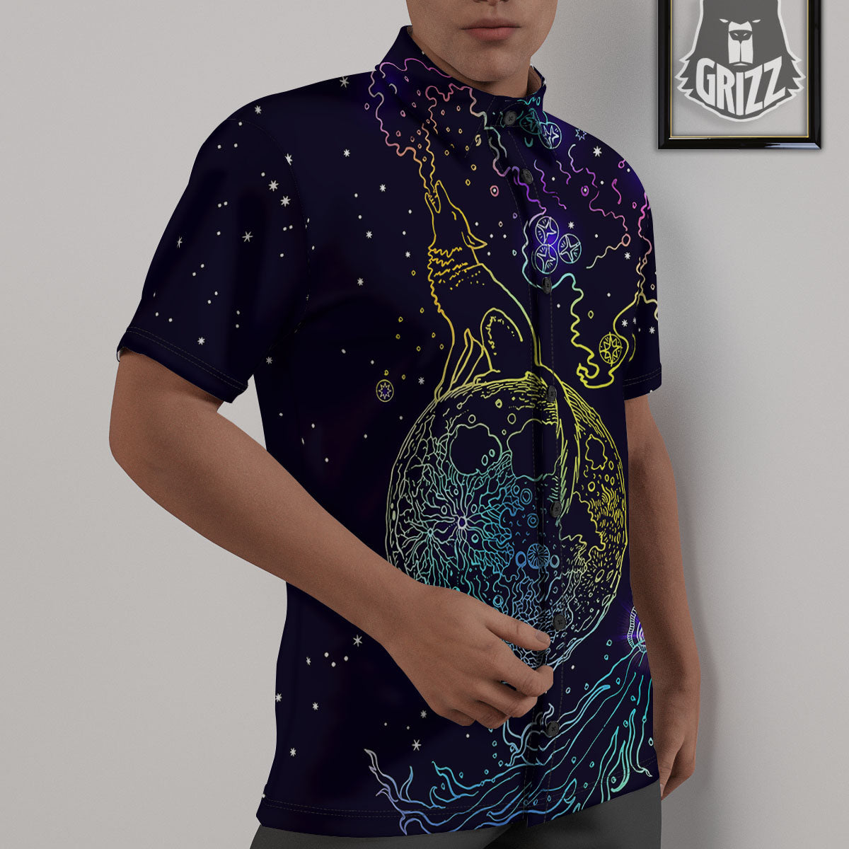 Wolf Spirit Galaxy Howling Print Untucked Shirts-grizzshop