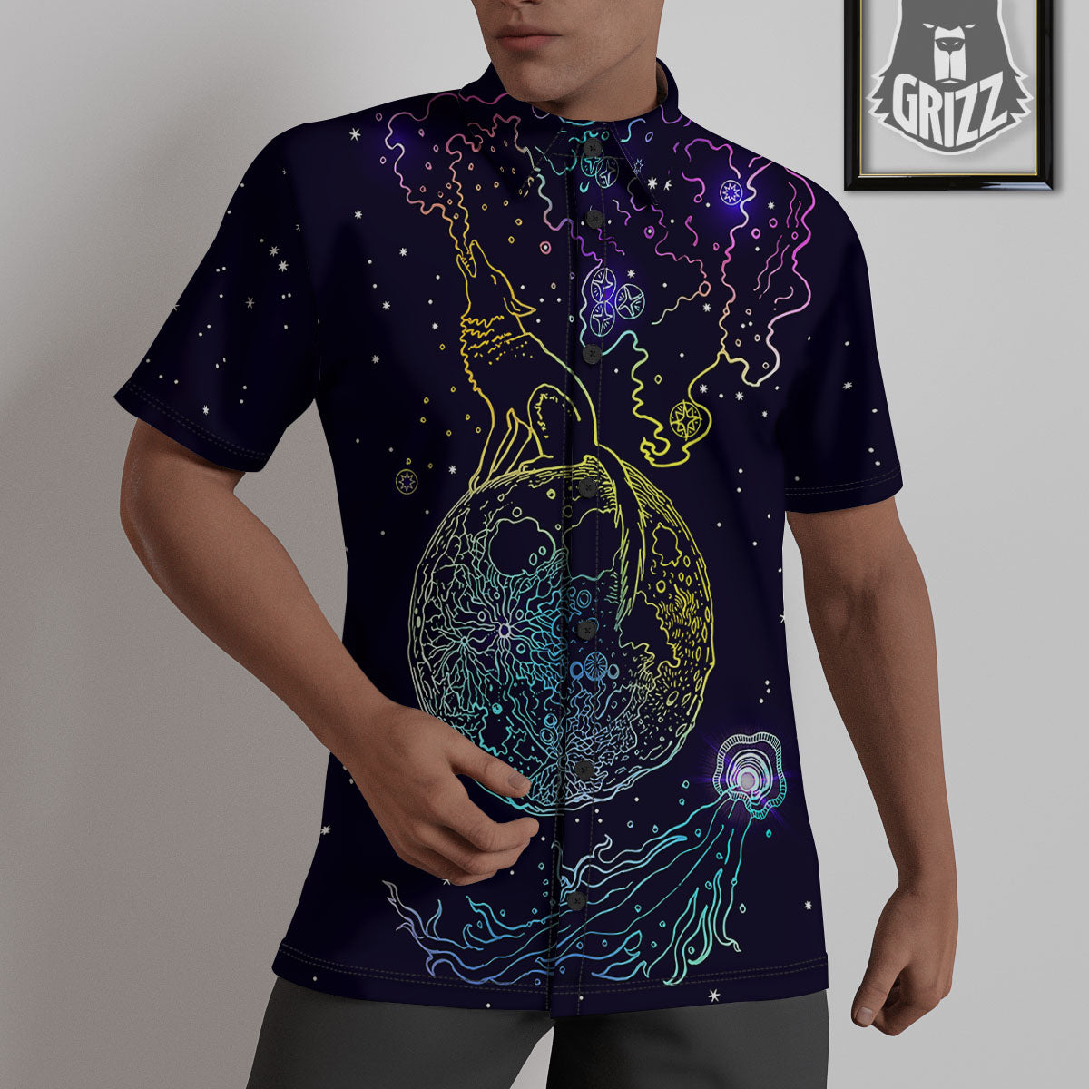 Wolf Spirit Galaxy Howling Print Untucked Shirts-grizzshop