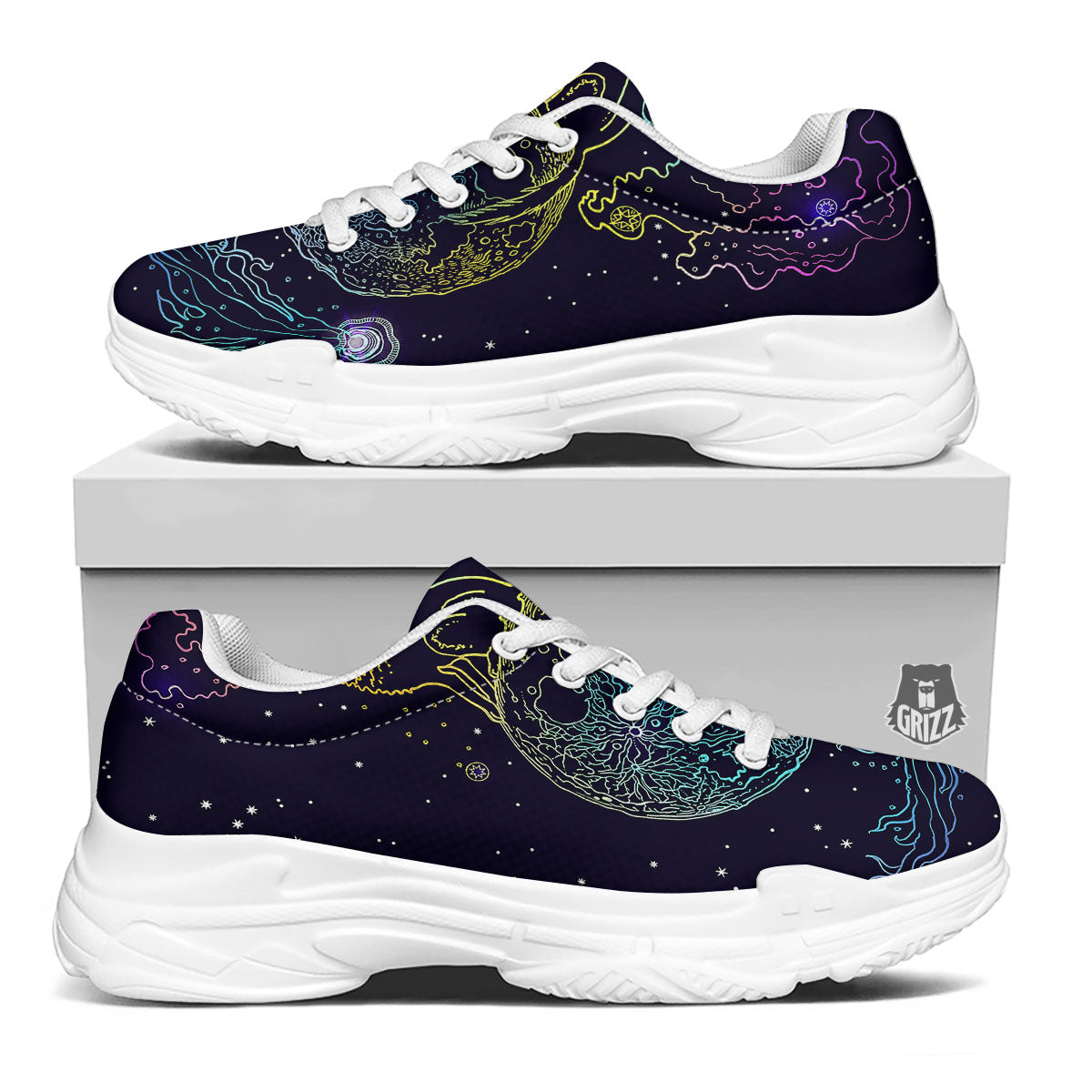 Wolf Spirit Galaxy Howling Print White Chunky Shoes-grizzshop
