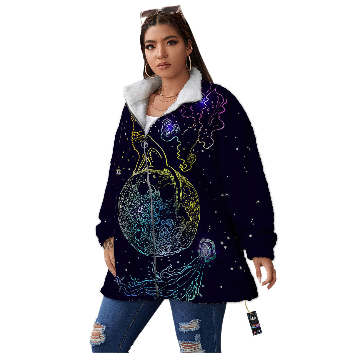 Wolf Spirit Galaxy Howling Print Women's Sherpa Jacket-grizzshop
