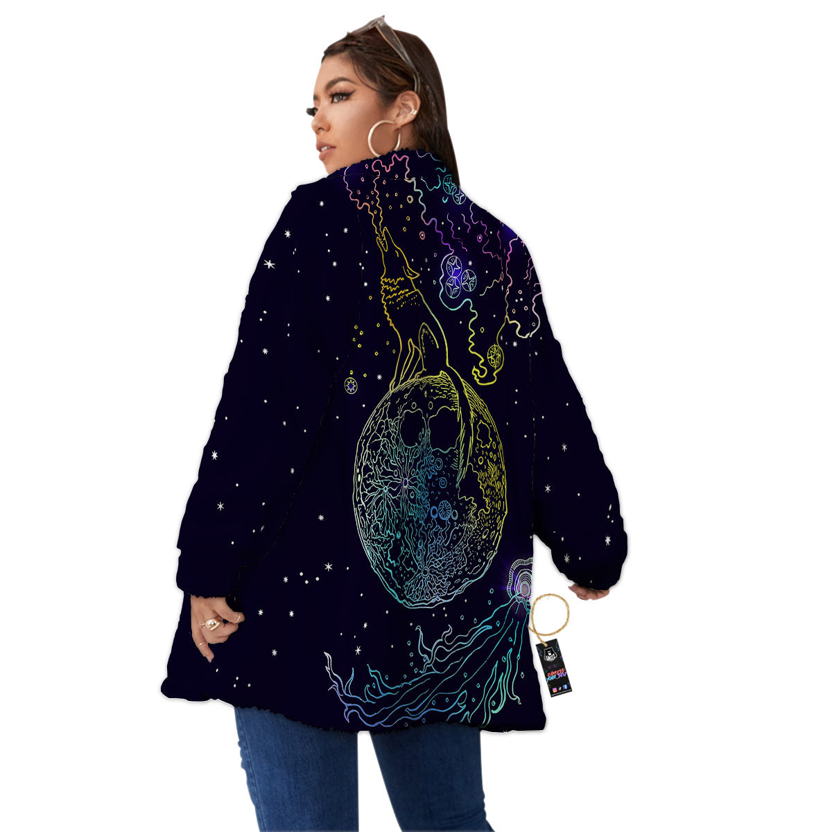 Wolf Spirit Galaxy Howling Print Women's Sherpa Jacket-grizzshop