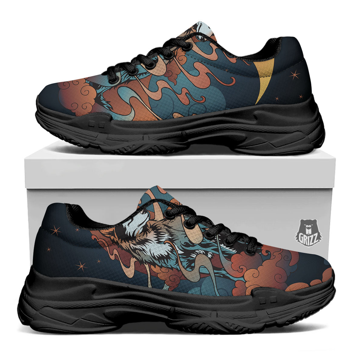 Wolf Spirit Night Forest Print Black Chunky Shoes-grizzshop