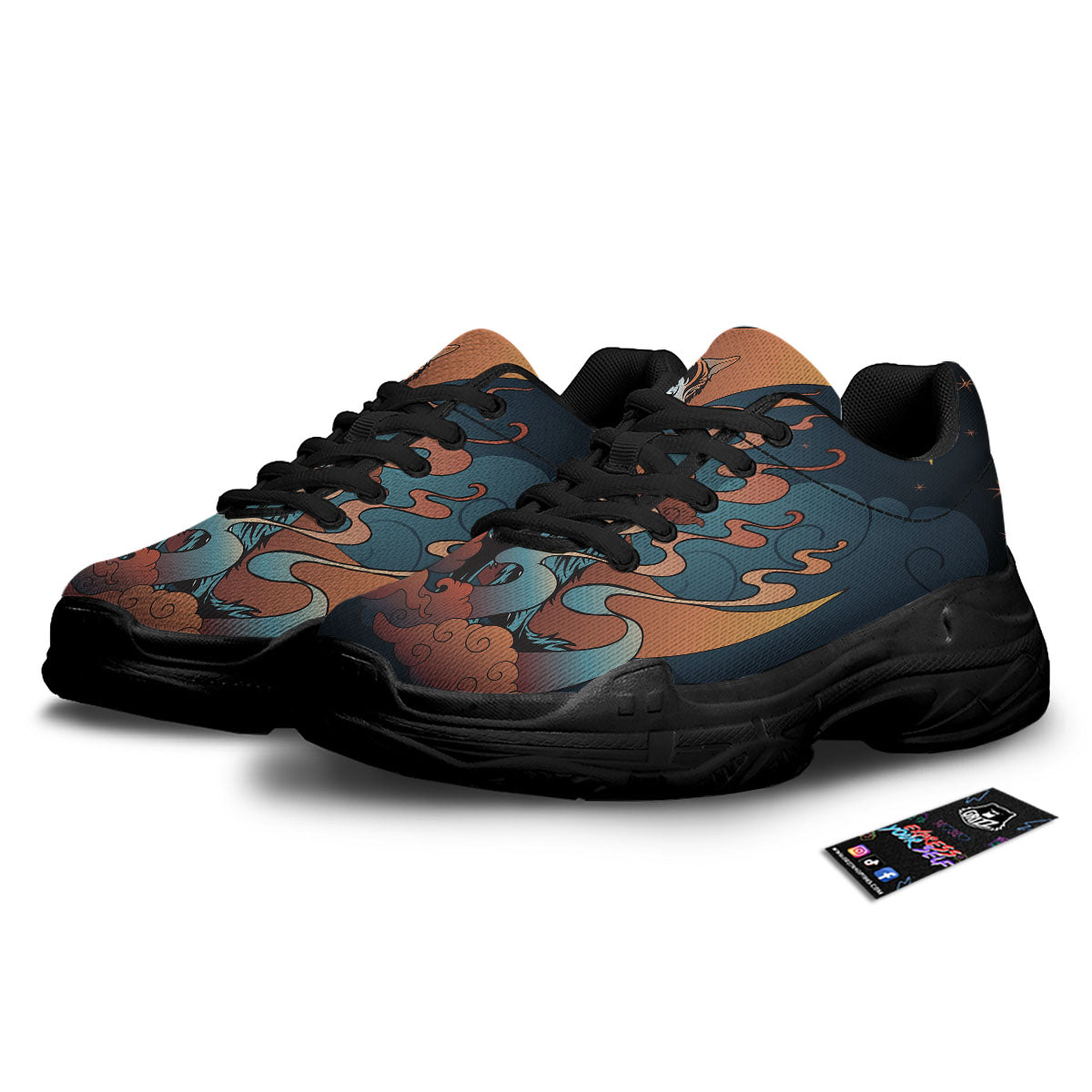 Wolf Spirit Night Forest Print Black Chunky Shoes-grizzshop