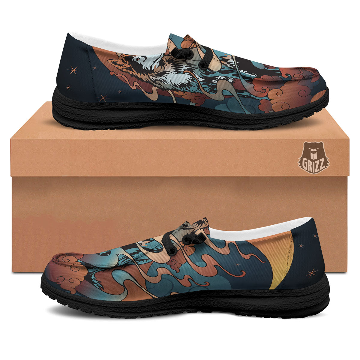 Wolf Spirit Night Forest Print Black Loafers-grizzshop