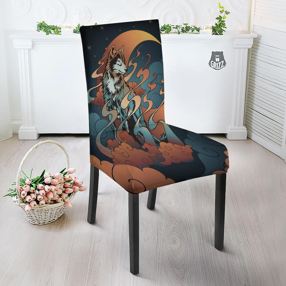 Wolf Spirit Night Forest Print Dining Chair Slipcover-grizzshop