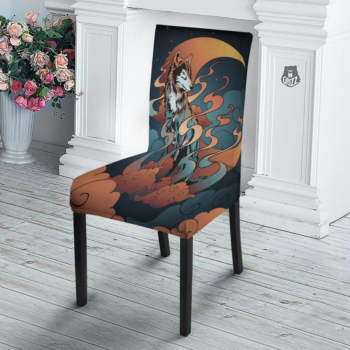 Wolf Spirit Night Forest Print Dining Chair Slipcover-grizzshop