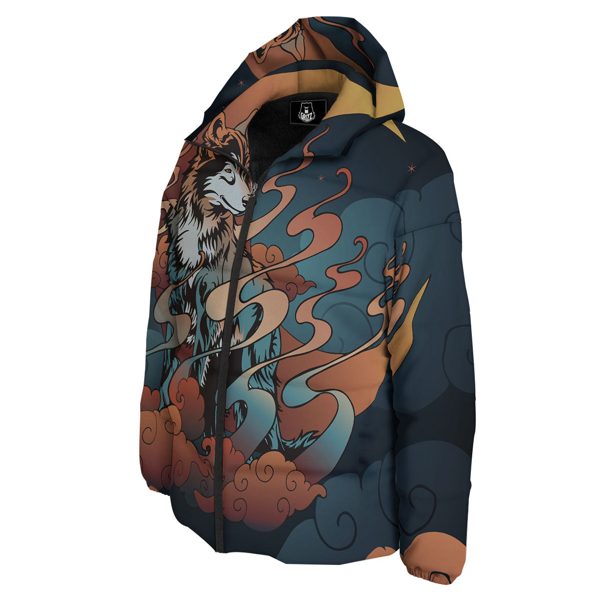 Wolf Spirit Night Forest Print Down Jacket-grizzshop