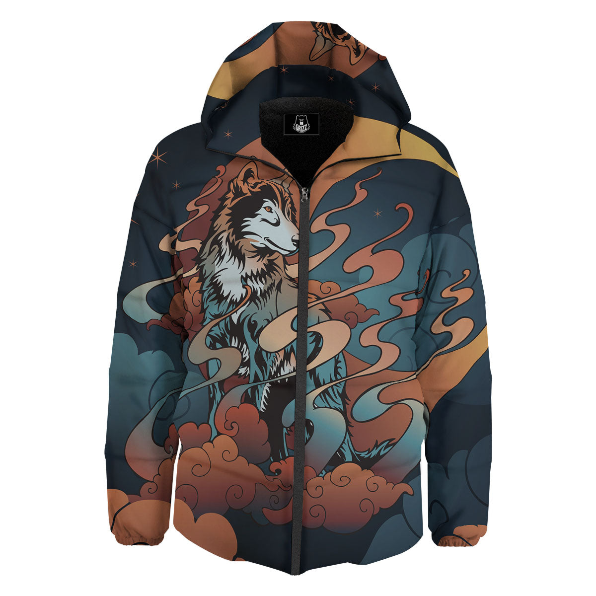 Wolf Spirit Night Forest Print Down Jacket-grizzshop