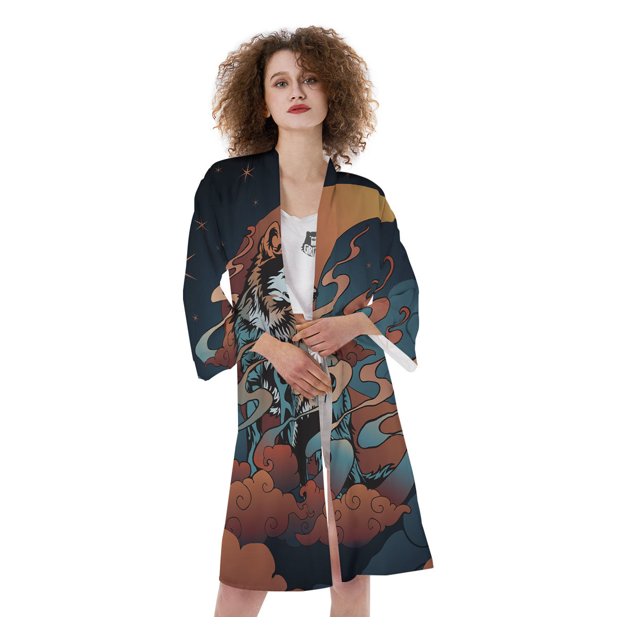 Wolf Spirit Night Forest Print Kimono-grizzshop