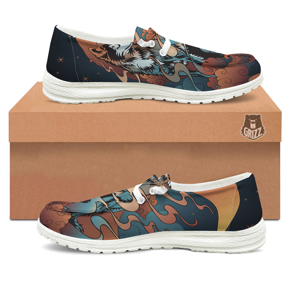 Wolf Spirit Night Forest Print White Loafers-grizzshop
