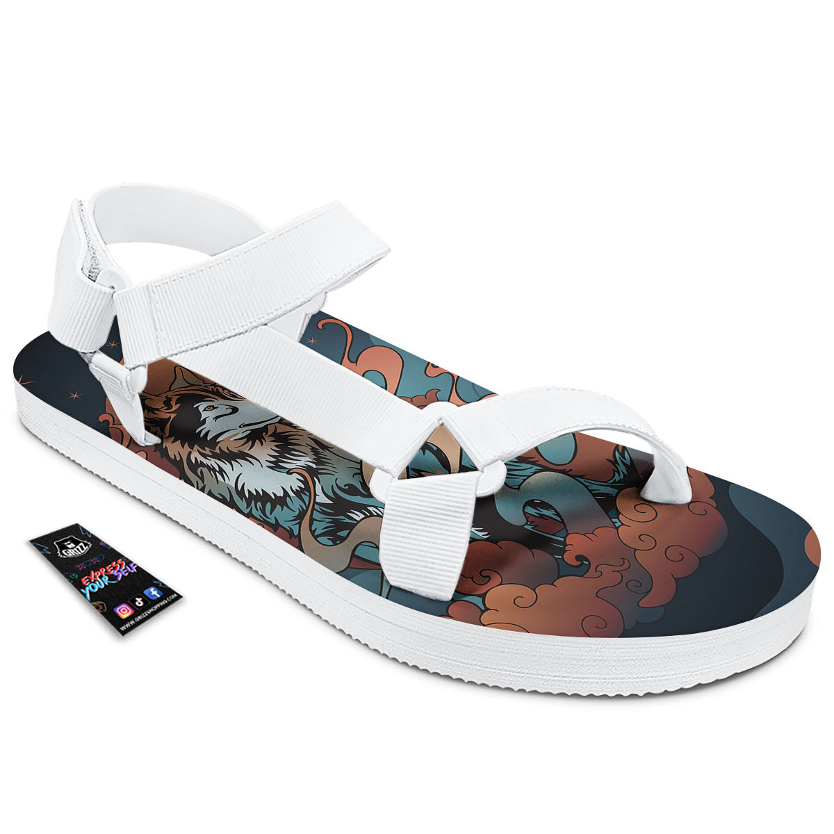 Wolf Spirit Night Forest Print White Open Toe Sandals-grizzshop