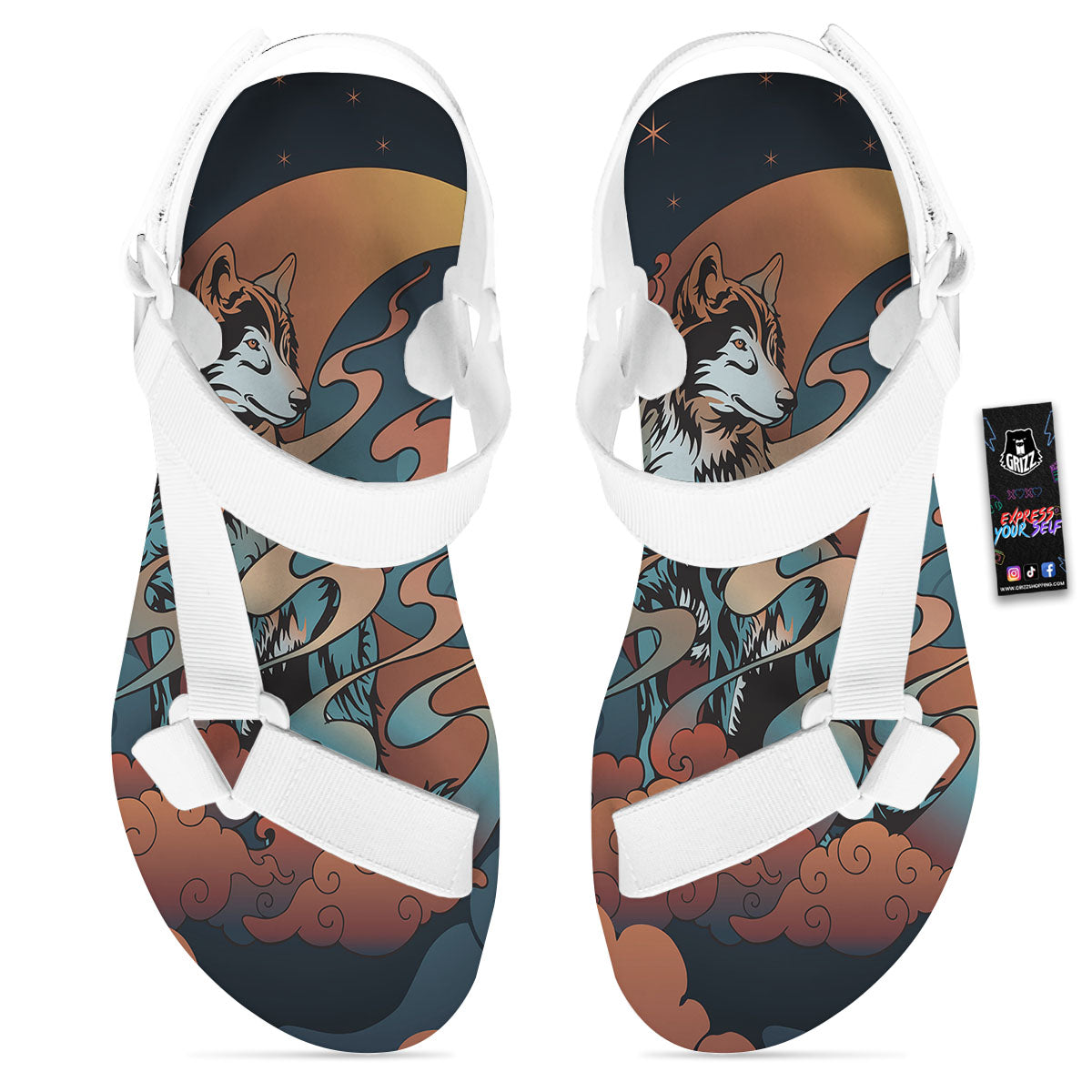Wolf Spirit Night Forest Print White Open Toe Sandals-grizzshop
