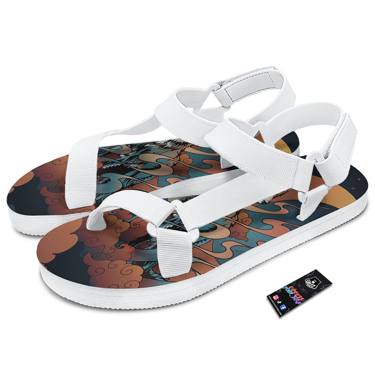 Wolf Spirit Night Forest Print White Open Toe Sandals-grizzshop