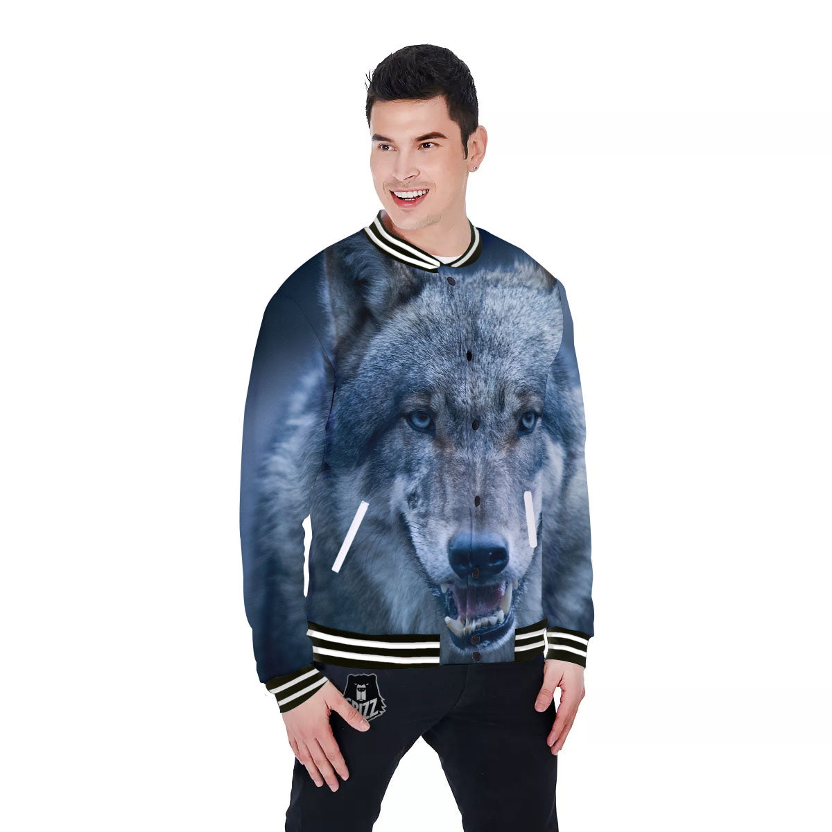 Wolf White And Navy Print Baseball Jacket-grizzshop